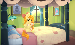 Size: 4000x2450 | Tagged: safe, artist:rivin177, derpibooru import, pear butter, oc, pegasus, pony, apple, apple tree, bed, bedroom, bow, carpet, chest, commission, curtains, daylight, eyes closed, female, filly, foal, hug, lamp, painting, picture, plushie, room, solo, sweet apple acres, tree, window