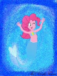 Size: 1280x1712 | Tagged: safe, artist:thedarktercio, derpibooru import, pinkie pie, human, mermaid, balloon, belly button, bra, female, hands in the air, humanized, mermay, one eye closed, seashell bra, solo, underwear, wink