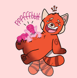 Size: 523x532 | Tagged: safe, artist:princessdestiny200i, derpibooru import, pinkie pie, earth pony, pony, red panda, belly, bellyrubs, crying, female, laughing, mare, mei lee, onomatopoeia, raspberry, tail, tail wag, tears of laughter, tickling, tongue, tongue out, tummy buzz, turning red