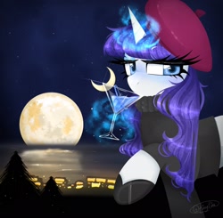 Size: 2048x2003 | Tagged: safe, artist:tinykiru, derpibooru import, rarity, pony, unicorn, alternate hairstyle, beatnik rarity, beret, clothes, drink, full moon, hat, magic, martini glass, moon, solo, sweater, telekinesis