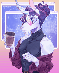 Size: 1500x1850 | Tagged: safe, artist:yuyusunshine, derpibooru import, elusive, rarity, anthro, unicorn, clothes, coffee, curved horn, facial hair, goatee, horn, male, palindrome get, rule 63, shirt, solo, stallion, sunglasses