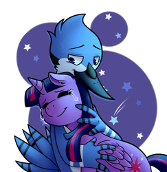 Size: 1026x1057 | Tagged: safe, artist:paperbagedhead, derpibooru import, twilight sparkle, twilight sparkle (alicorn), alicorn, crossover, crossover shipping, crying, female, holding, hug, male, mordecai, mordetwi, regular show, shipping, simple background, straight, transparent background