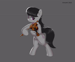 Size: 3232x2664 | Tagged: safe, artist:vinilyart, derpibooru import, octavia melody, earth pony, pony, bipedal, bow (instrument), female, gray background, looking at you, mare, musical instrument, simple background, smiling, solo, underhoof, violin
