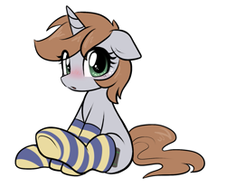 Size: 1021x846 | Tagged: safe, artist:moozua, derpibooru import, oc, oc only, oc:littlepip, pony, unicorn, fallout equestria, :o, blushing, clothes, cute, ears, eye clipping through hair, female, floppy ears, freckles, full body, horn, looking at you, mare, open mouth, simple background, sitting, socks, solo, striped socks, tail, unicorn oc, weapons-grade cute, white background