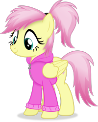 Size: 3760x4693 | Tagged: safe, artist:anime-equestria, derpibooru import, fluttershy, pegasus, pony, absurd resolution, alternate hairstyle, clothes, cute, female, folded wings, full body, hairtie, hoodie, mare, ponytail, shadow, shyabetes, simple background, smiling, solo, standing, tail, transparent background, two toned mane, vector, wings, zipper