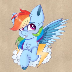 Size: 1922x1922 | Tagged: safe, artist:galaxy swirl, derpibooru import, rainbow dash, pegasus, pony, bust, chest fluff, ear fluff, ears, female, grin, looking away, looking up, mare, smiling, solo, spread wings, textured background, three quarter view, unshorn fetlocks, wings