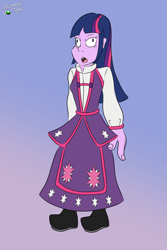 Size: 1200x1800 | Tagged: safe, artist:domedvortex, derpibooru import, twilight sparkle, twilight sparkle (alicorn), alicorn, human, equestria girls, clothes, humanized, hypnosis, hypnotized, long dress, long skirt, skirt, solo