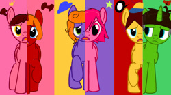 Size: 1201x666 | Tagged: safe, artist:winterthegamer, derpibooru import, earth pony, pegasus, pony, unicorn, magical mystery cure, base used, colt, female, foal, frown, horn, kizclub, male, mare, pinkfong, raised hoof, raised leg, sad, stallion, unamused, what my cutie mark is telling me, wings