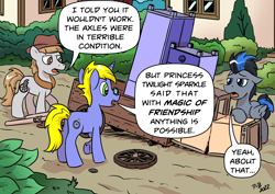 Size: 1280x906 | Tagged: safe, artist:pony-berserker, artist:saturdaymorningproj, derpibooru import, oc, oc:final drive, oc:longhaul, oc:slipstream, pegasus, pony, unicorn, broken, butt, cart, drawer, male, oblivious, plot, reality ensues, speech bubble, stallion, stool, wardrobe, wheel