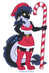 Size: 746x1100 | Tagged: safe, artist:jennieoo, derpibooru import, oc, oc:kayda, anthro, dragon, breasts, candy, candy cane, christmas, christmas stocking, dragoness, female, food, hat, holiday, lizard breasts, piercing, santa hat, simple background, solo, tongue, tongue out, transparent background, vector