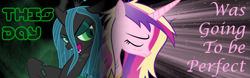 Size: 1600x500 | Tagged: safe, artist:nsaiuvqart, artist:urpleb3atin, derpibooru import, princess cadance, queen chrysalis, alicorn, changeling, changeling queen, pony, banner, female, mare, this day aria