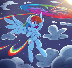 Size: 2160x2047 | Tagged: safe, artist:fajeh, derpibooru import, rainbow dash, pegasus, semi-anthro, cloud, crossed hooves, female, flying, high res, mare, night, smiling, solo, sonic rainboom, spread wings, stars, wings