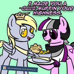 Size: 800x800 | Tagged: safe, artist:thedragenda, derpibooru import, derpy hooves, oc, oc:ace, pony, ask-acepony, cake, food