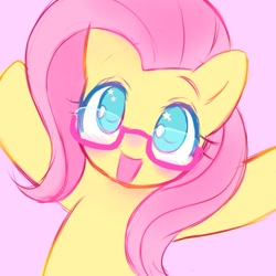 Size: 1400x1400 | Tagged: safe, artist:horseyuris, derpibooru import, fluttershy, pegasus, pony, blushing, cute, female, glasses, looking at you, mare, no pupils, open mouth, open smile, pink background, shyabetes, simple background, smiling, smiling at you, solo, starry eyes, wingding eyes