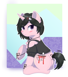 Size: 2386x2687 | Tagged: safe, artist:backgroundpony#f352, derpibooru import, pony, unicorn, blushing, bow, clothes, commission, crossover, eyes open, hairpin, horn, looking at you, male, ponified, shirt, signature, sitting, stallion, steins;gate