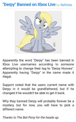 Size: 429x691 | Tagged: safe, derpibooru import, derpy hooves, pegasus, pony, 2019, banned, equestria daily, female, mare, meta, old, sethisto, sitting, spread wings, text, username, wings, xbox, xbox live