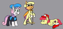 Size: 1208x565 | Tagged: safe, alternate version, artist:thebathwaterhero, derpibooru import, apple bloom, scootaloo, sweetie belle, bipedal, clothes, clothing, cutie mark crusaders, female, filly, foal, peppino spaghetti, pizza tower, snick, the noise