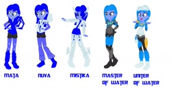 Size: 1456x764 | Tagged: safe, artist:robertsonskywa1, derpibooru import, equestria girls, alternate clothes, alternate design, alternate hair color, armor, axe, bionicle, clothes, equestria girls-ified, evolution, eyepatch, eyes closed, gali, hand on hip, hook, lego, open mouth, outfit, photo, shoulder pads, shrug, solo, suit, text, weapon