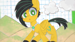 Size: 1280x720 | Tagged: safe, artist:lexiedraw, derpibooru import, oc, oc only, oc:lightning bug, pegasus, pony, fanfic:song of seven, 2d, :3, animated, black mane, commission, gem, green eyes, head tilt, jewelry, looking at you, loop, meta, mountain, mountain range, necklace, pegasus oc, short tail, shy, shy gal, shy smile, smiling, smiling at you, tail, twitter, twitter link, two toned mane, white outline, yellow coat