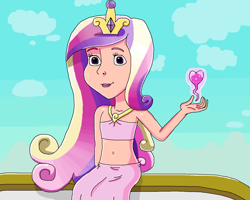 Size: 1297x1038 | Tagged: safe, artist:ocean lover, derpibooru import, princess cadance, human, balcony, bare shoulders, belly button, clothes, cloud, crown, crystal empire, disney style, dress, girly girl, gradient hair, hand, heart, human coloration, humanized, jewelry, looking at you, magic, midriff, multicolored hair, outdoors, princess of love, regalia, shadow, shiny skin, sitting, sky, smiling, smiling at you, sparkles