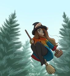 Size: 1869x2048 | Tagged: safe, artist:katputze, derpibooru import, oc, oc only, oc:pennie, anthro, earth pony, plantigrade anthro, basket, broom, clothes, coat, female, flying, flying broomstick, forest, hat, low angle, mare, mushroom, solo, witch, witch hat