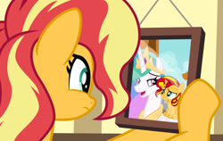 Size: 1024x647 | Tagged: safe, artist:emeraldblast63, derpibooru import, princess celestia, sunset shimmer, alicorn, pony, unicorn, comic:the tale of two sunsets, female, filly, filly sunset shimmer, foal, looking at something, picture, story included, younger