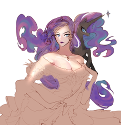 Size: 2000x2061 | Tagged: safe, artist:pigeon666, derpibooru import, nightmare rarity, rarity, human, pony, unicorn, blue eyes, breasts, cleavage, closed mouth, clothes, dress, female, females only, humanized, jewelry, lipstick, long hair, long mane, long tail, looking at you, makeup, necklace, purple lipstick, ring, smiling, tail, tiara