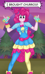 Size: 1280x2102 | Tagged: safe, artist:lennondash, derpibooru import, pinkie pie, better together, equestria girls, sunset's backstage pass!, breasts, churros, clothes, cute, diapinkes, dress, female, food, geode of sugar bombs, grin, magical geodes, music festival outfit, pinkie pies, smiling, solo, speech bubble, sunset, tree