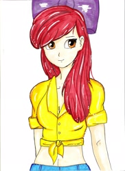 Size: 1700x2338 | Tagged: safe, artist:rejmaniaa, derpibooru import, apple bloom, human, 2014, belly button, clothes, front knot midriff, humanized, midriff, older, older apple bloom, shirt, smiling, solo, traditional art