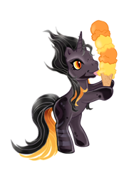 Size: 600x800 | Tagged: safe, artist:vernorexia, derpibooru import, oc, oc:dimness ashes, pony, unicorn, g3, g4, beard, bipedal, black coat, black mane, coat markings, commission, eating, facial hair, food, g4 to g3, generation leap, golden eyes, ice cream, ice cream cone, licking, male, multicolored mane, red eyes, simple background, slit eyes, solo, spotted, stallion, standing, tongue, tongue out, transparent background, ych result