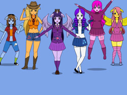 Size: 800x600 | Tagged: safe, derpibooru import, applejack, fluttershy, pinkie pie, rainbow dash, rarity, twilight sparkle, human, blue background, boots, clothes, cowboy boots, cowboy hat, crown, cutie mark on clothes, dress, gloves, hat, high heel boots, horn, horned humanization, humanized, jewelry, kisekae, mane six, necktie, pants, regalia, shirt, shoes, shorts, simple background, skirt, socks, striped socks, tiara, vest, winged humanization, wings