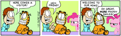 Size: 600x178 | Tagged: safe, derpibooru import, pinkie pie, cat, earth pony, human, pony, comic, female, garfield, garfield (character), grin, jon arbuckle, male, mare, smiling, square root of minus garfield