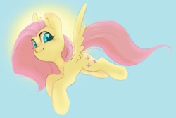 Size: 1200x808 | Tagged: safe, artist:melodylibris, derpibooru import, fluttershy, pegasus, pony, cute, daaaaaaaaaaaw, female, flying, looking at you, mare, shyabetes, sky, smiling, smiling at you, solo, spread wings, sun, wings