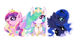 Size: 2969x1640 | Tagged: safe, artist:flyingsosser, derpibooru import, princess cadance, princess celestia, princess luna, alicorn, pony, alicorn triarchy, chibi, cute, cutedance, cutelestia, female, hair over one eye, looking at you, lunabetes, mare, outline, simple background, sitting, smiling, spread wings, transparent background, trio, white outline, wings