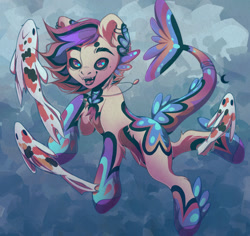 Size: 1280x1208 | Tagged: safe, artist:karollinch, derpibooru import, oc, oc only, fish, hybrid, merpony, bubble, ear fluff, ears, fins, fish tail, flowing mane, flowing tail, jewelry, koi pony, necklace, ocean, open mouth, smiling, solo, swimming, tail, teeth, underwater, water