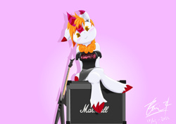 Size: 4093x2894 | Tagged: safe, artist:dianetgx, derpibooru import, oc, oc only, oc:karenina senna, kirin, semi-anthro, amplifier, arm behind back, beast v, clothes, crossed legs, ears, electric guitar, female, floppy ears, guitar, halter top, high res, kirin oc, leaning, looking at you, marshall, metallica, musical instrument, pink background, signature, simple background, sitting, skirt, smiling, smiling at you, solo