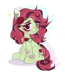 Size: 939x1071 | Tagged: safe, artist:fenix-artist, derpibooru import, oc, oc only, earth pony, pony, ear fluff, ears, earth pony oc, eyelashes, female, floppy ears, flower, flower in hair, mare, rose, sitting