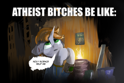 Size: 2997x1997 | Tagged: safe, artist:ka3ahb, derpibooru import, oc, oc:littlepip, pony, unicorn, fallout equestria, atheism, meme, pipbuck, praying, religion, solo, vulgar