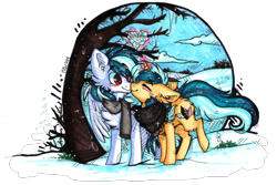 Size: 1688x1127 | Tagged: safe, artist:tayga-niko-j, derpibooru import, oc, oc only, pegasus, pony, unicorn, chest fluff, clothes, duo, glowing, glowing horn, horn, magic, outdoors, pegasus oc, scarf, simple background, snow, telekinesis, transparent background, unicorn oc