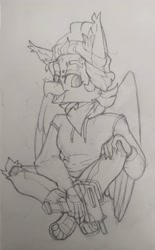Size: 2480x4000 | Tagged: safe, artist:xasslash, derpibooru import, oc, oc only, oc:flynn the icecold, anthro, griffon, bandana, beanie, clothes, hat, hoodie, male, micro uzi, paw sneakers, photo, piercing, sketch, solo, traditional art