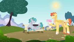 Size: 1280x732 | Tagged: safe, artist:itstechtock, derpibooru import, oc, oc only, oc:downburst, oc:solar flare, pegasus, pony, bench, box, female, lying down, mare, prone