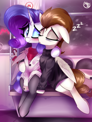 Size: 1080x1439 | Tagged: safe, artist:nevobaster, derpibooru import, rarity, oc, oc:rml, pegasus, unicorn, bag, canon x oc, clothes, coat, female, food, male, mare, metro, moscow, night, rain, scarf, sitting, sleeping, stallion, stockings, subway, sweater, thigh highs, tired, train, umbrella