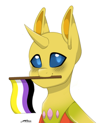 Size: 1107x1268 | Tagged: safe, artist:melodytheartpony, derpibooru import, oc, oc:ren the changeling, changeling, blushing, commission, cute, feral, happy, horn, nonbinary, pride, pride flag, pride month, signature, simple background, white background, wings, wings down, ych result, yellow changeling, your character here