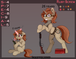 Size: 6200x4800 | Tagged: safe, artist:singovih, derpibooru import, oc, oc:ruby screw, pony, unicorn, fallout equestria, belt, desert rangers, female, foal, game, glasses, gun, magic, mare, radio, reference, reference sheet, s.p.e.c.i.a.l., scar, screwdriver, shotgun, smiling, telekinesis, toolbox, wasteland, weapon