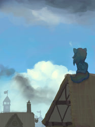 Size: 2048x2732 | Tagged: safe, artist:mandumustbasukanemen, derpibooru import, rainbow dash, cloud, dark clouds, house, ponyville, rooftop, scenery, sitting, sky, solo