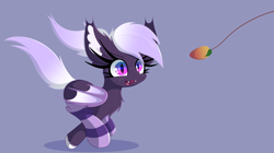 Size: 12918x7230 | Tagged: safe, artist:windykirin, derpibooru import, oc, oc only, bat pony, absurd resolution, clothes, cute, fangs, food, freckles, mango, ocbetes, running, socks, solo, string, striped socks, unshorn fetlocks, windswept mane