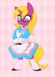 Size: 1010x1427 | Tagged: safe, artist:scarlet-spectrum, derpibooru import, part of a set, oc, oc only, pony, unicorn, bipedal, clothes, commission, dress, eyelashes, female, glasses, ribbon, solo, ych result