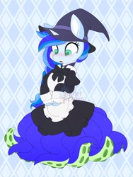 Size: 1144x1522 | Tagged: safe, artist:scarlet-spectrum, derpibooru import, part of a set, oc, oc only, monster pony, octopony, octopus, original species, pony, unicorn, bipedal, clothes, commission, dress, eyelashes, female, ribbon, solo, witches hat, ych result