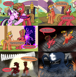 Size: 2562x2608 | Tagged: safe, artist:ladyanidraws, derpibooru import, oc, oc:ace, oc:pun, oc:supremus longhorn, pony, ask, ask pun, magic, magic limbs, tentacles, tumblr