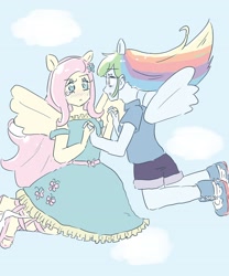 Size: 2508x3009 | Tagged: safe, artist:nemucure, derpibooru import, fluttershy, rainbow dash, equestria girls, blue background, clothes, cloud, duo, duo female, eyelashes, female, flutterdash, lesbian, looking at each other, looking at someone, shipping, simple background, wings